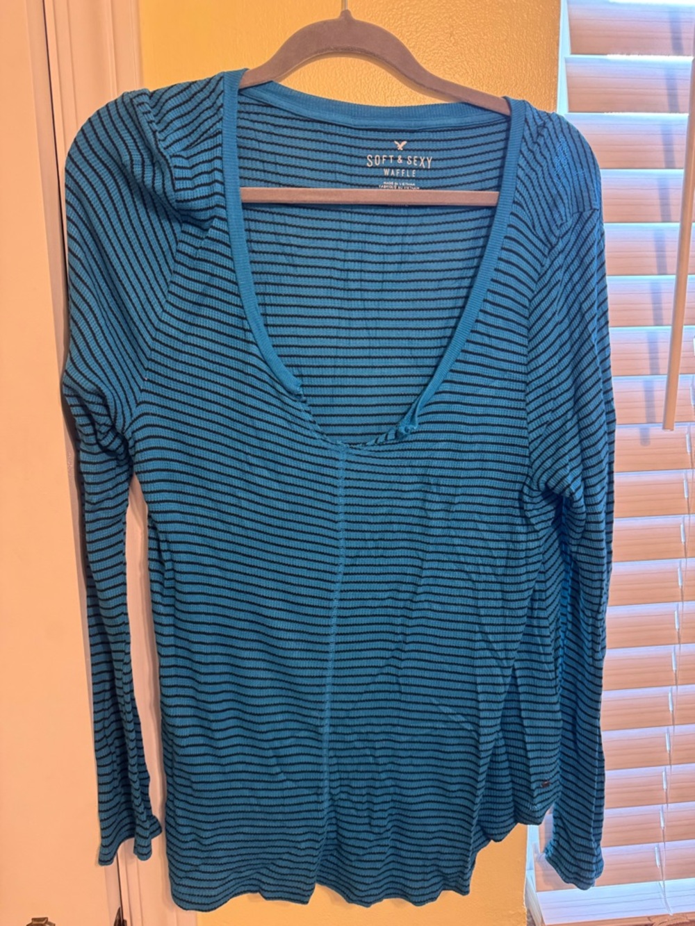 American Eagle Outfitters Blue & Black Striped Waffle Long Sleeve Top